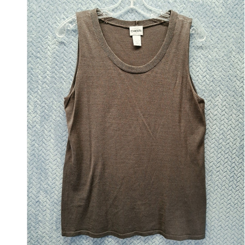 Chicos 100% Silk Knit Tank Top Brown Sleeveless Scoop Neck Braided Trim Size 2